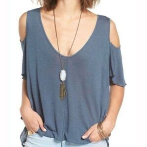 Free People Bittersweet Cold Shoulder Dark Blue crop top ruffles blouse size XS